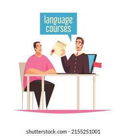 Learning language training composition with human characters books and gadgets vector illustration