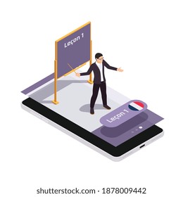 Learning languages application with virtual classes and teacher concept 3d isometric vector illustartion