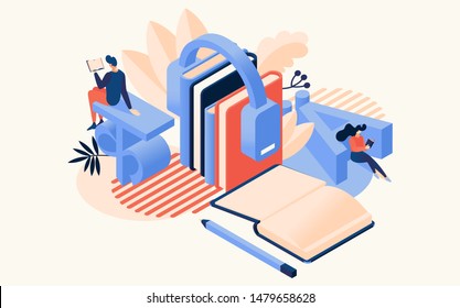 Learning languages concept. Educative classes vector illustration. Education school and travel programs for distance online learning. Books and people, headphones in isometric style