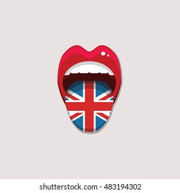 Learning languages concept. Learning English language. Open mouth with flag of England. English language tongue open mouth with flag of Great Britain. Vector illustration. EPS 10.