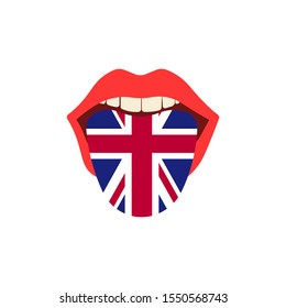 Learning languages concept. Learning   English. Tongue in open mouth with flag. Flat design