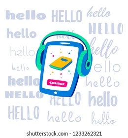 Learning languages concept. Language classes. On the phone, the choice of language online. With headphones you can listen.