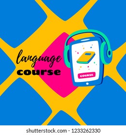 Learning languages concept. Language classes. On the phone, the choice of language online. With headphones you can listen.