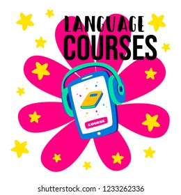 Learning languages concept. Language classes. On the phone, the choice of language online. With headphones you can listen.