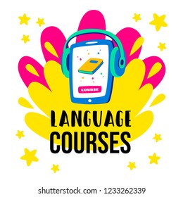 Learning languages concept. Language classes. On the phone, the choice of language online. With headphones you can listen.