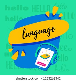 Learning languages concept. Language classes. On the phone, the choice of language online. With headphones you can listen.