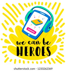 Learning languages concept. Language classes. On the phone, the choice of language online. With headphones you can listen. Written - we can be heroes.