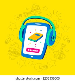 Learning languages concept. Language classes. On the phone, the choice of language online. With headphones you can listen.