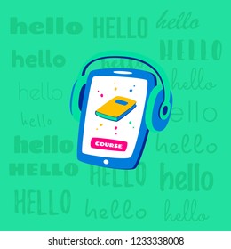 Learning languages concept. Language classes. On the phone, the choice of language online. With headphones you can listen.