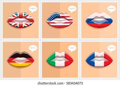 Learning languages concept. Open lips with flags. Learning English, American, French, German, Italian, Russian languages. Flat design vector illustration