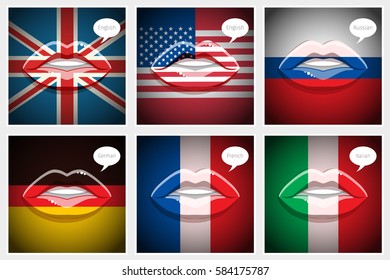 Learning languages concept. Open lips with flags. Learning English, American, French, German, Italian, Russian languages. Flat design vector illustration