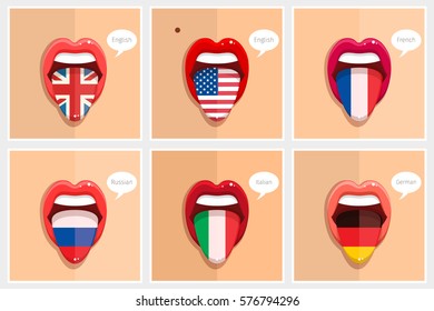 Learning languages concept. Open mouth with flags. Learning English, American, French, German, Italian, Russian languages. Flat design vector illustration