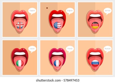 Learning languages concept. Open mouth with flags. Learning English, American, French, German, Italian, Russian languages. Flat design vector illustration