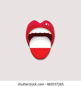 Learning languages concept. Learning Polish language. Open mouth with flag of Poland. Polish language tongue open mouth with flag of Poland. Vector illustration. EPS 10.