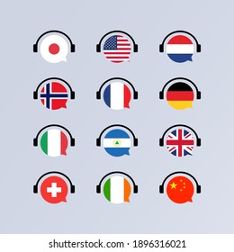 Learning languages online course icon set. Audiobooks concept. Language school concept. Vector EPS 10. Isolated on background