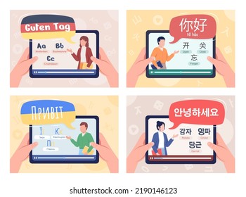 Learning languages online flat color vector illustrations set. Educative videos. Foreign cultures. Fully editable 2D simple cartoon first view hands with tablet computers on background collection