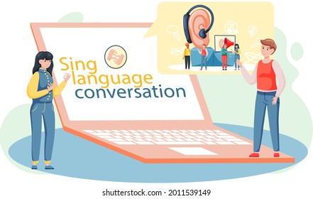 Learning Languages Online With Laptop. Sign Language Conversation Modern Teaching Method. Webinar, Sign Language Training Group For Deaf People Education Via Internet, Finger Language Session