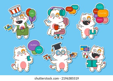 Learning languages vector cartoon stickers pack with cute cat characters isolated on background.