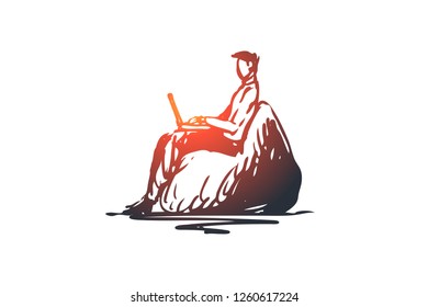Learning, laptop, education, adult, study concept. Hand drawn adult man studying in internet concept sketch. Isolated vector illustration.