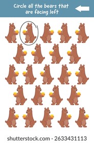 Learning left and right, skill play puzzle for kids, education, kindergarten, direction, movement. Printable Worksheets. Early learning educational logical games for preschool, kindergarten.