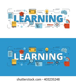 Learning lettering flat line design with icons and elements for book cover, report header, presentation,illustration, infographics, printing, website banner and landing page.