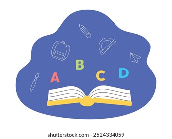Learning letters by reading books, back to school vector illustration.