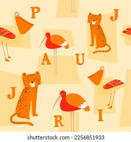 learning letters with personages, animal characters portrait with ABC. Tropical and exotic species, cheetah and pelican bird. Seamless pattern, wallpaper or background print. Vector in flat style