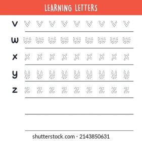 Learning letters writing alphabet and simple handwriting practice flat vector illustration.