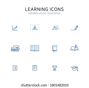 Learning line icon set: editable vector illustration for web and app. Education icons using for school, seminar, education platform, online classes and e-learning