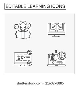  Learning line icons set. Education process. Skills and knowledge. School, university, college. Studying concepts. Isolated vector illustration. Editable stroke