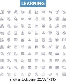 Iconos de línea de aprendizaje, signos establecidos. Educación, Estudio, Instrucción, Conocimiento, Formación, Habilidades, Aula, Tutoría, Esbozo de Disciplina ilustraciones vectoriales.