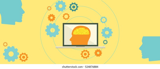 learning machine artificial intelligences ( ai ) , head and  brain  in notebook  with  yellow background illustration