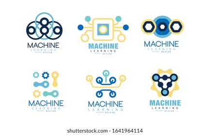 Learning Machine Logo Design Collection, Artificial or Human Intelligence Thinking Process Vector Illustration