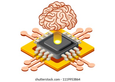 Learning machine mind, artificial intelligence banner. Application for pc connection to learning application. Can use for infographics. Flat isometric vector illustration isolated on white background.