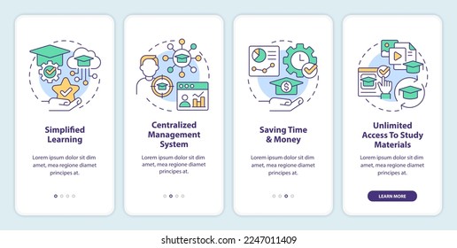 Learning management system benefits onboarding mobile app screen. Walkthrough 4 steps editable graphic instructions with linear concepts. UI, UX, GUI template. Myriad Pro-Bold, Regular fonts used