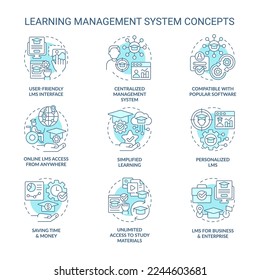 Learning management system blue concept icons set. Software application for studying idea thin line color illustrations. Isolated symbols. Editable stroke. Roboto-Medium, Myriad Pro-Bold fonts used