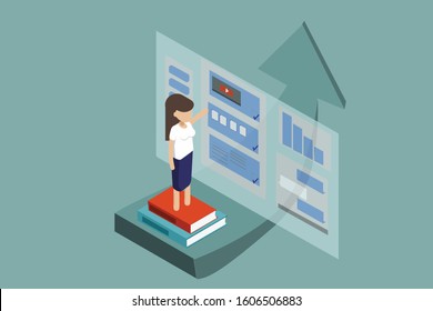 Learning management system. Business e-learning isometric vector with female character.
