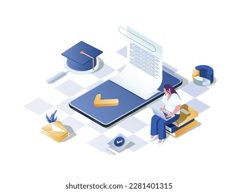 Learning management system concept 3d isometric web scene. People studying at online courses platform and using different software and training services. Vector illustration in isometry graphic design