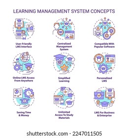 Learning management system concept icons set. Software application for studying idea thin line color illustrations. Isolated symbols. Editable stroke. Roboto-Medium, Myriad Pro-Bold fonts used