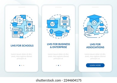 Learning management system deploy blue onboarding mobile app screen. Walkthrough 3 steps editable graphic instructions with linear concepts. UI, UX, GUI template. Myriad Pro-Bold, Regular fonts used