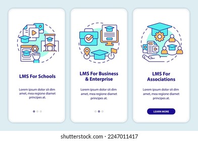 Learning management system deploy onboarding mobile app screen. Walkthrough 3 steps editable graphic instructions with linear concepts. UI, UX, GUI template. Myriad Pro-Bold, Regular fonts used
