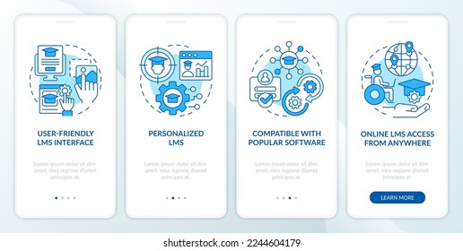 Learning management system features blue onboarding mobile app screen. Walkthrough 4 steps editable graphic instructions with linear concepts. UI, UX, GUI template. Myriad Pro-Bold, Regular fonts used