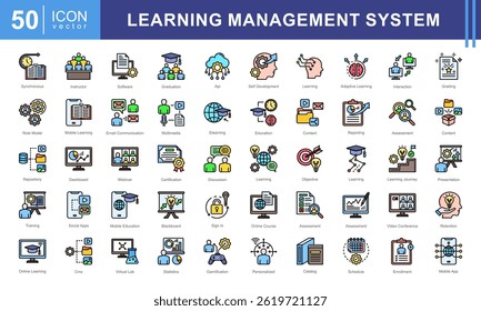 Conjunto de colecciones de iconos del sistema de gestión de aprendizaje. Contiene clases virtuales, combinadas, courseware, gamificación, evaluación, sincrónico, icono de catálogo de cursos. Ilustración de Vectores simples.