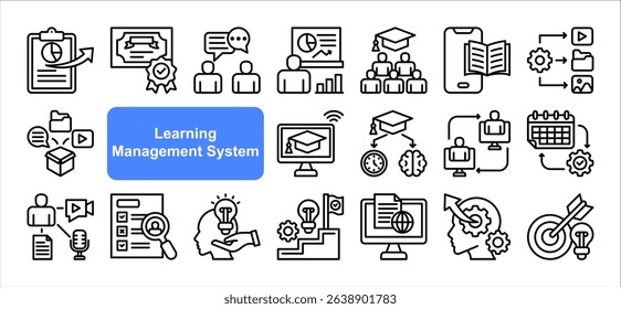 Learning management System icon collection set. Containing blended, virtual classroom, courseware, gamification, assessment, synchronous, course catalog icon. Simple line vector.