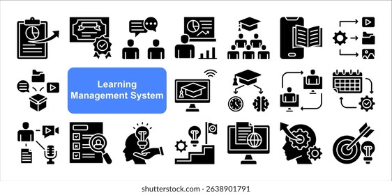 Learning management System icon collection set. Containing blended, virtual classroom, courseware, gamification, assessment, synchronous, course catalog icon. Simple flat vector.