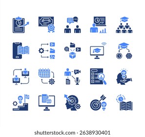 Learning management System icon collection set. Containing blended, virtual classroom, courseware, gamification, assessment, synchronous, course catalog icon. Simple flat vector.