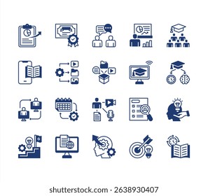 Learning management System icon collection set. Containing blended, virtual classroom, courseware, gamification, assessment, synchronous, course catalog icon. Simple flat vector.