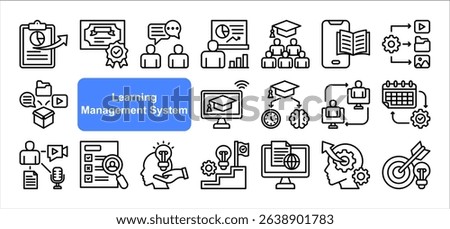 Learning management System icon collection set. Containing blended, virtual classroom, courseware, gamification, assessment, synchronous, course catalog icon. Simple line vector.