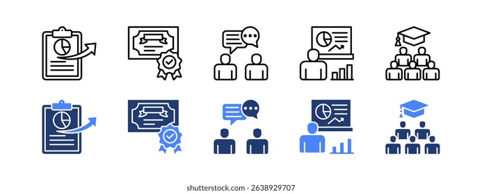 Learning management System icon with Reporting, Certification, Discussion, Statistics, Graduation.