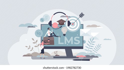 Learning Management System Or LMS As Online Education Tiny Person Concept. Training And Knowledge Software Application As Skill Practice Qualification Framework Vector Illustration. Online Study Scene